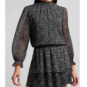 PRINTED SMOCKED WAIST RUFFLE MOCK NECK DRESS